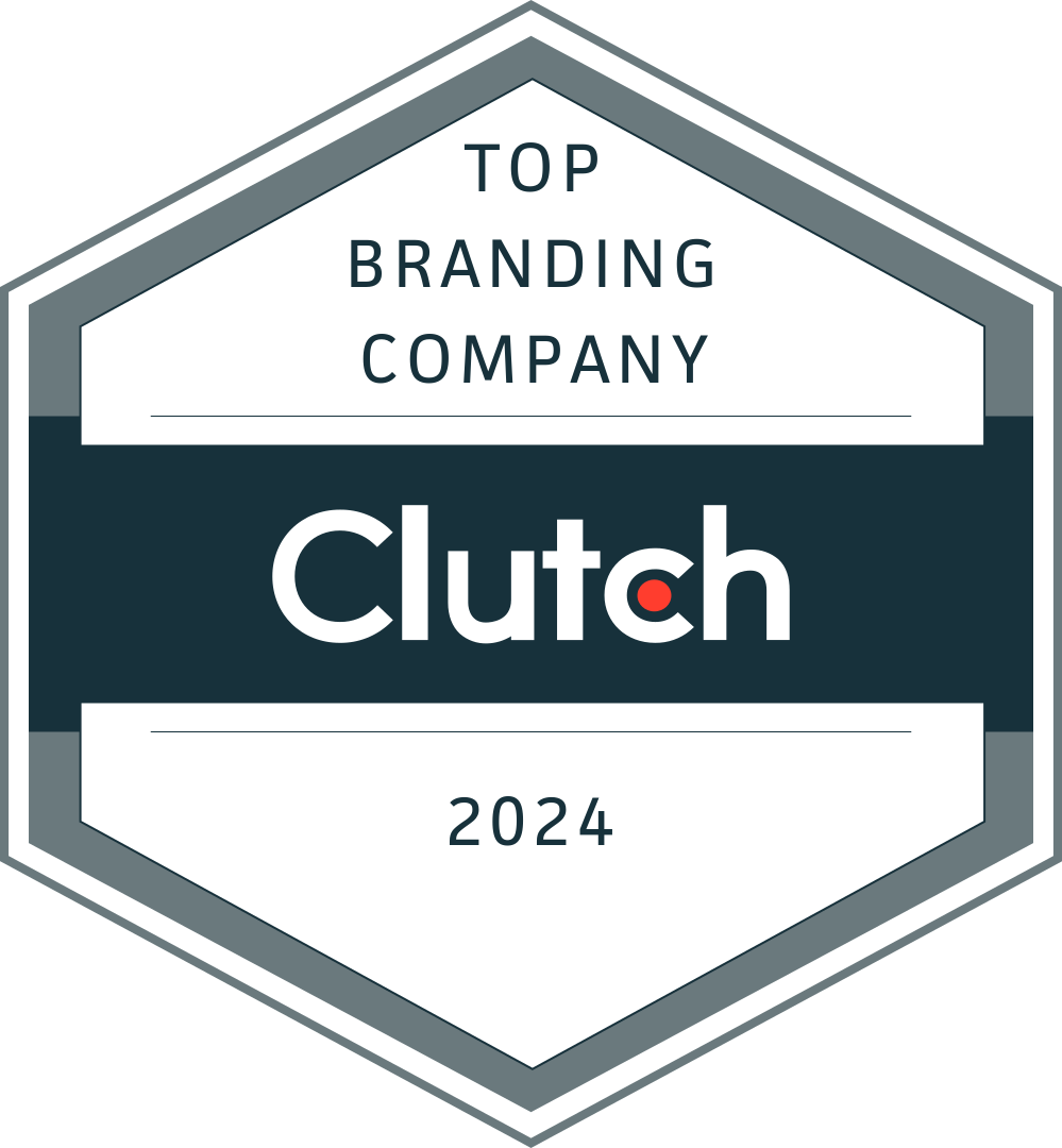 A hexagon-shaped badge from Clutch, with the text 'Top Branding Company' on top and '2024' on the bottom