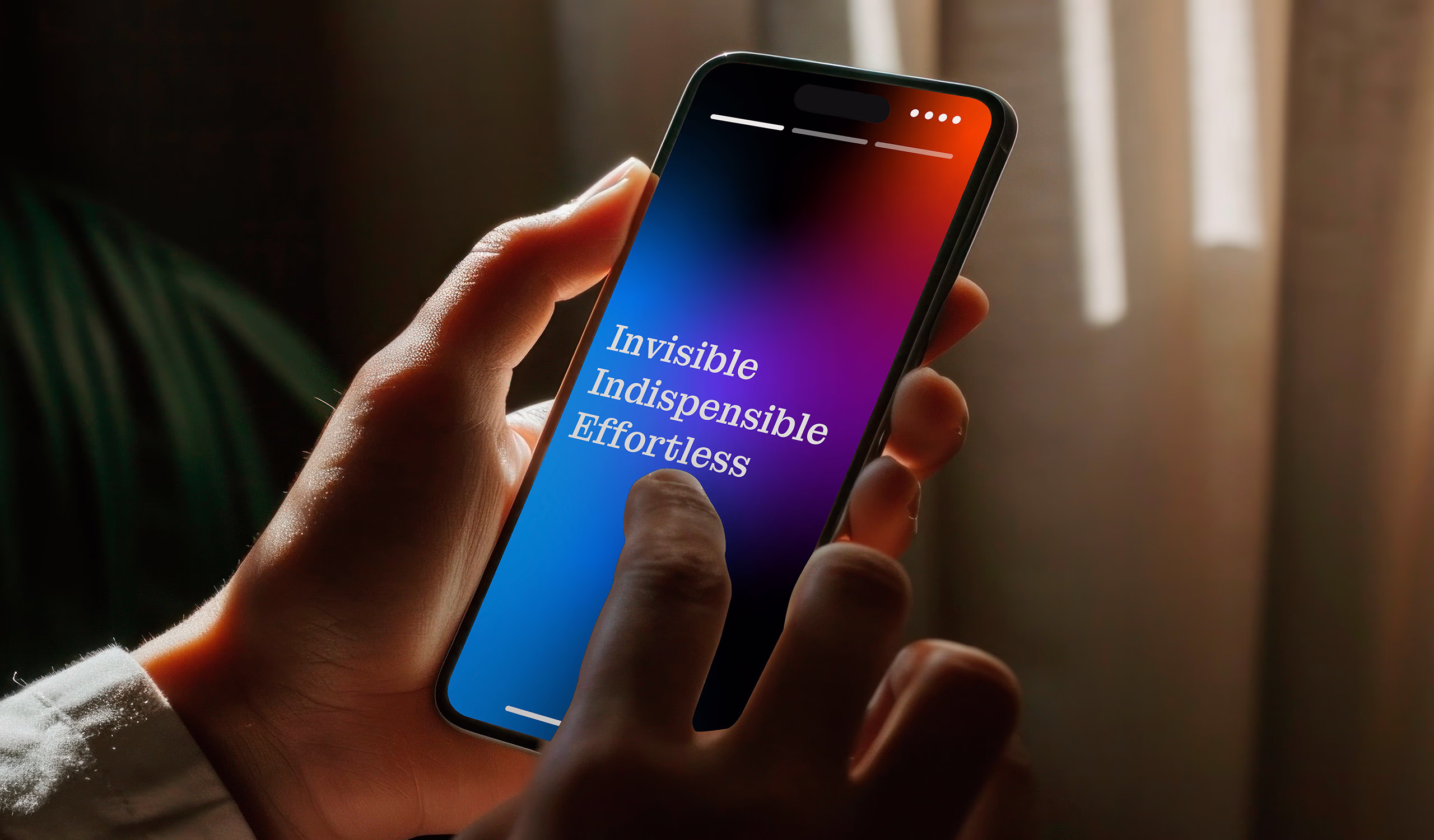 a phone that is displaying the words: Invisible Indispensible Effortless