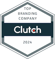 A hexagon-shaped badge from Clutch, with the text 'Top Branding Company' on top and '2024' on the bottom