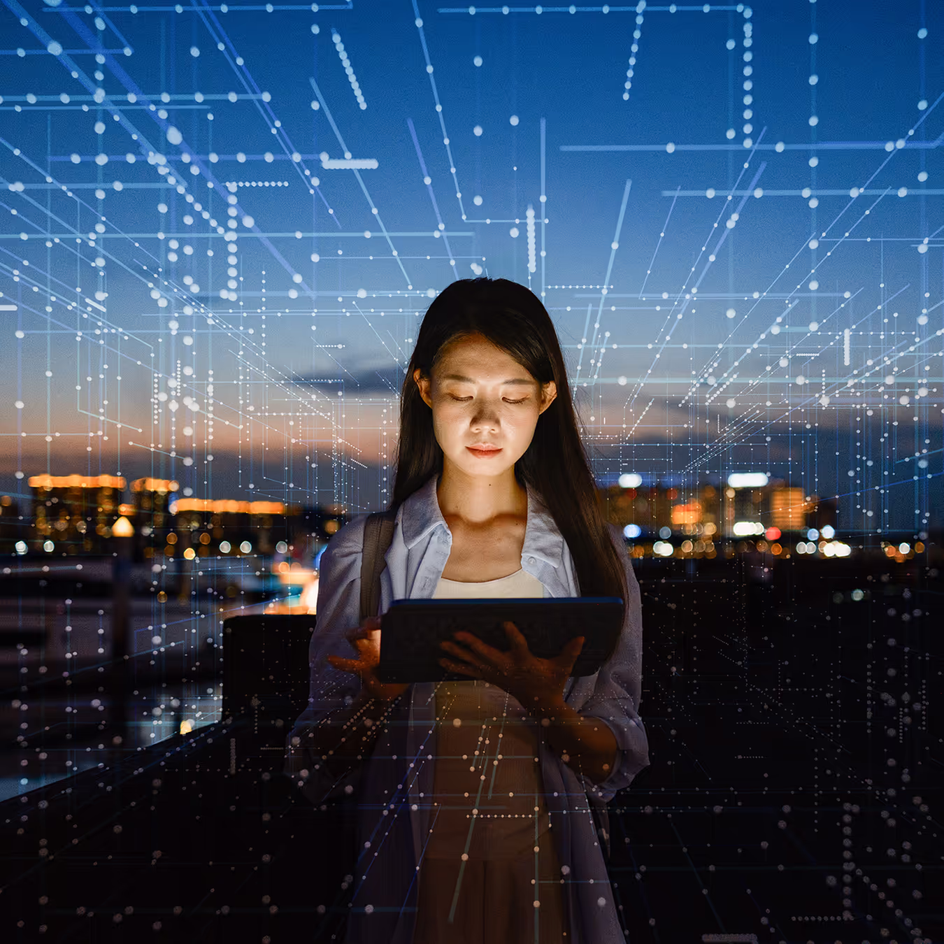 a woman is standing on the roof of a building, her face is illuminated by an electronic tablet, there are 3d circles and lines at right angles in perspective behind her