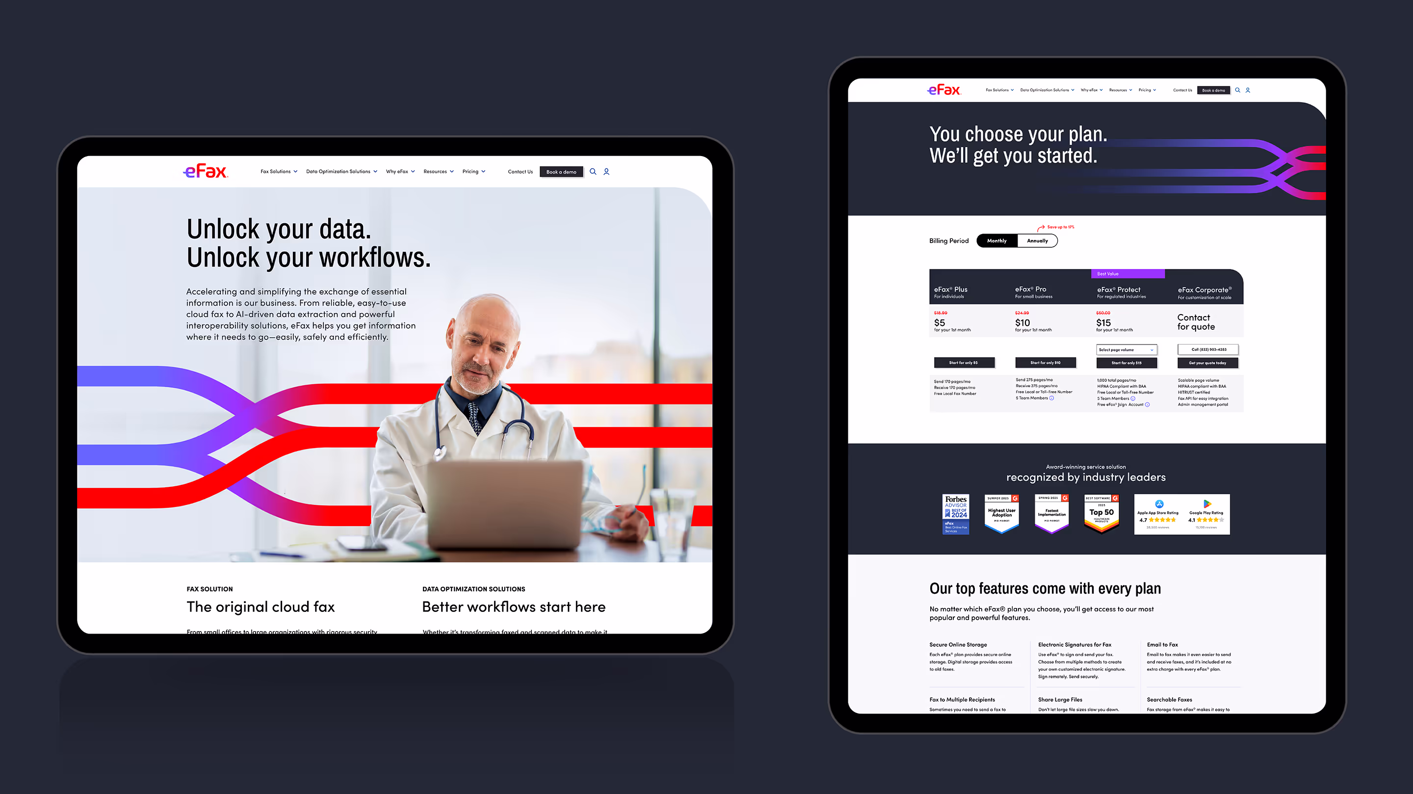 electronic tablets in horizontal and vertical orientations, left horizontal has an eFax website page that says "Unlock your data. Unlock your workflows." and right vertical says "You choose your plan. We'll get you started."