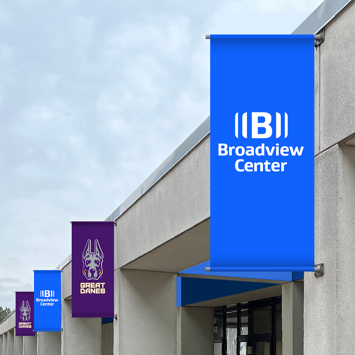 Broadview branded banner on a building