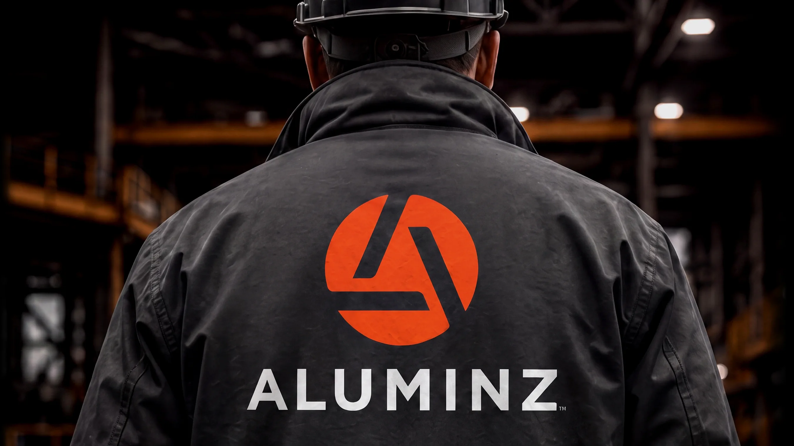 Aluminz logo on the back of a work jacket